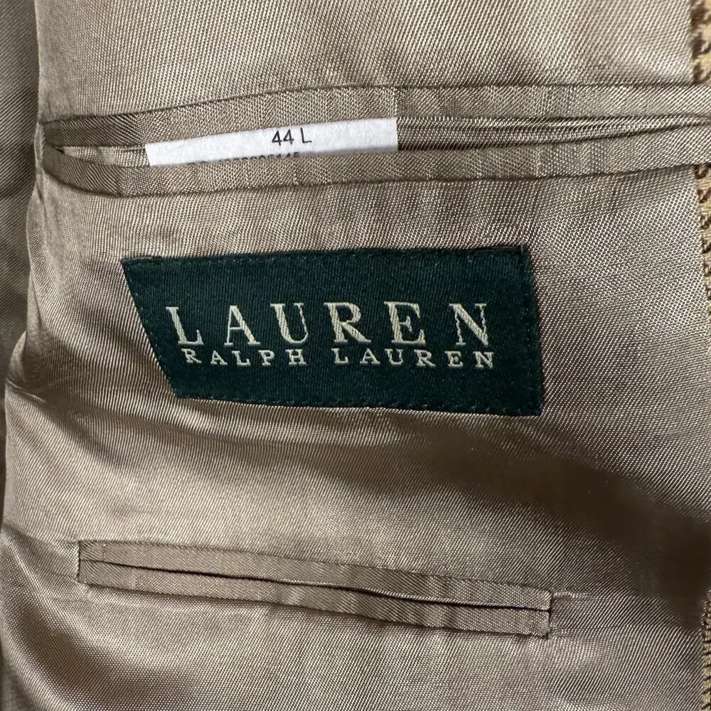 90s VTG Lauren‎ Ralph Lauren Silk Wool Brown Tweed Blazer Suit Jacket Coat 44 L